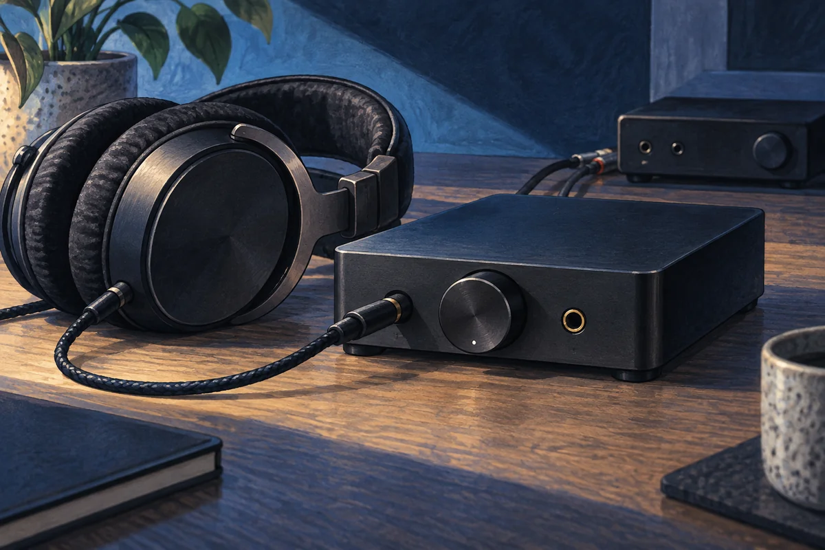 Illustration of a desktop headphone amplifier with wired headphones.