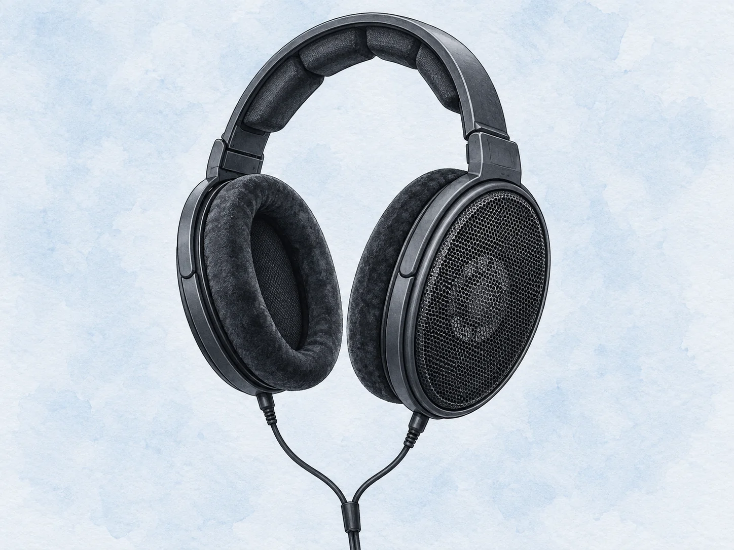Illustration of the Sennheiser HD 600 with open mesh earcups and dual-sided cable.
